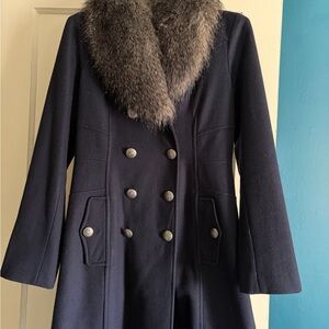 Guess Navy Dress Coat with Faux Fur Collar